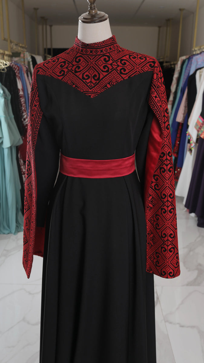 Black Palestinian Embroidery Gown with Cape