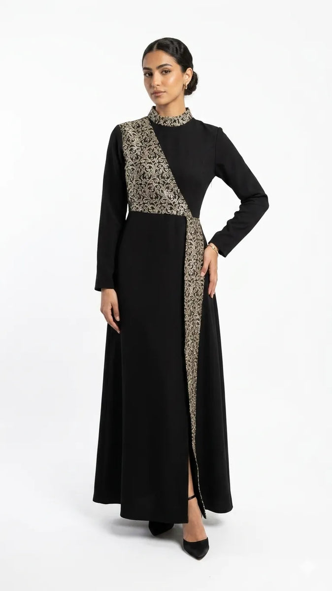 Royal Black Crepe Dress with Diagonal Gold Embroidery | A-Line Formal Dentelle Royal Black Crepe Dress with Diagonal Gold Embroidery | A-Line Formal Dentelle