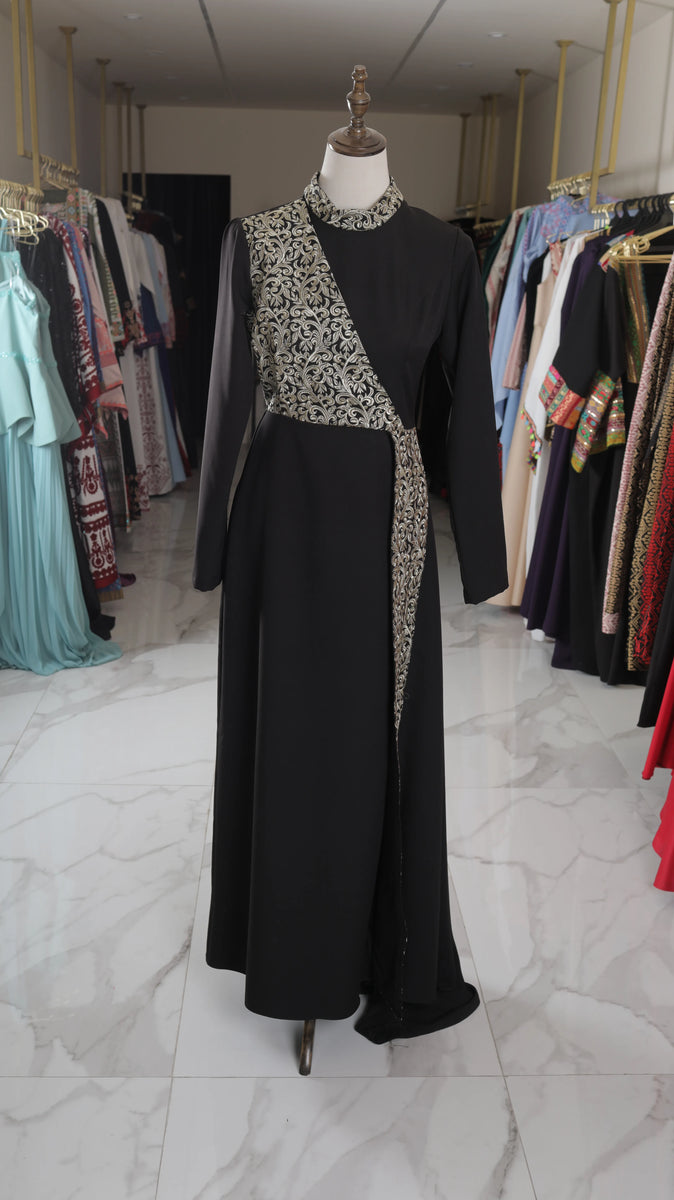 Royal Black Crepe Dress with Diagonal Gold Embroidery