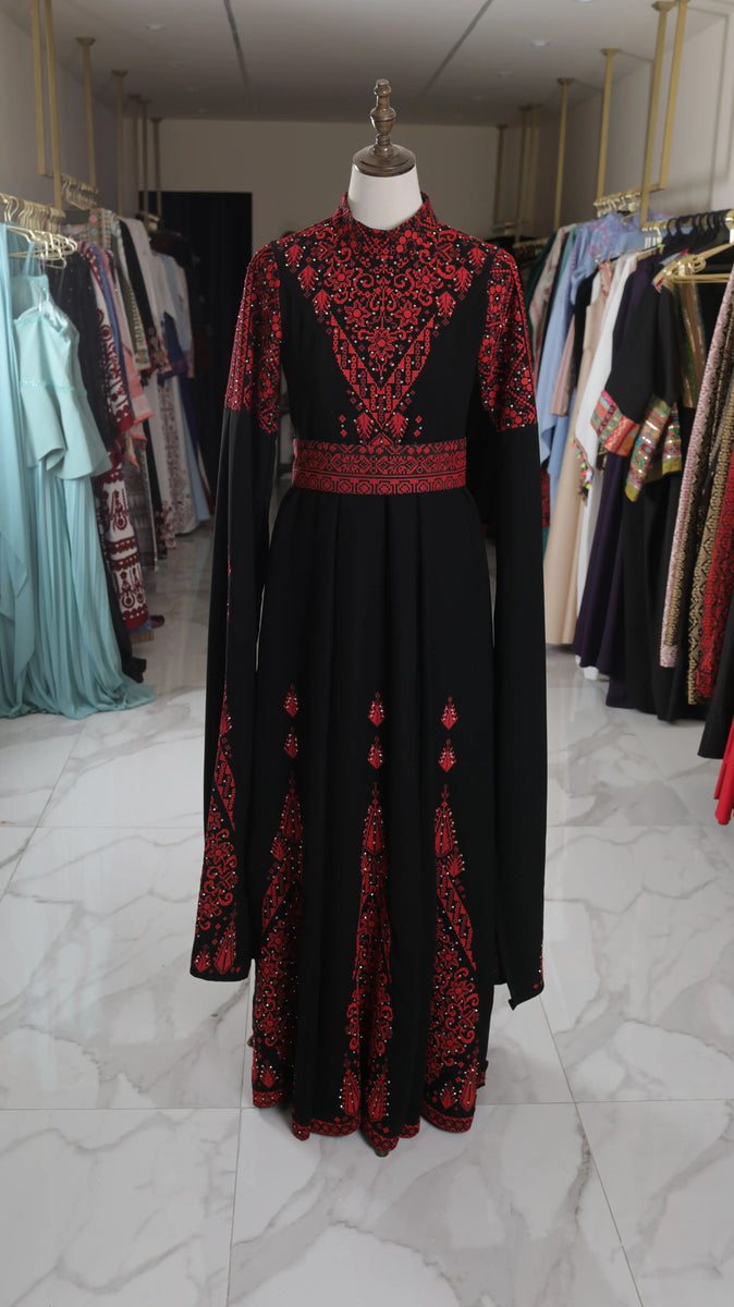 Modern Palestinian Thobe - Black and Red Royal Split Sleeve Dress  Dentelle