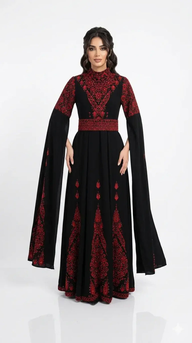 Modern Palestinian Thobe - Black and Red Royal Split Sleeve Dress Dentelle Modern Palestinian Thobe - Black and Red Royal Split Sleeve Dress Dentelle