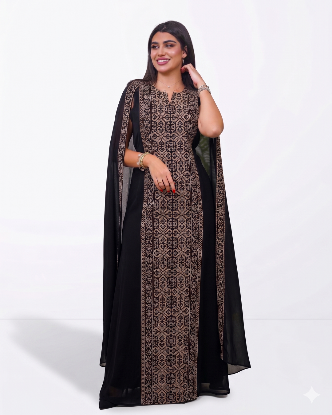 Royal Black Kaftan with Cape Sleeves & Gold Embroidery - Free Size