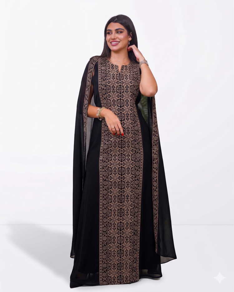 Royal Black Kaftan with Cape Sleeves & Gold Embroidery - Free Size