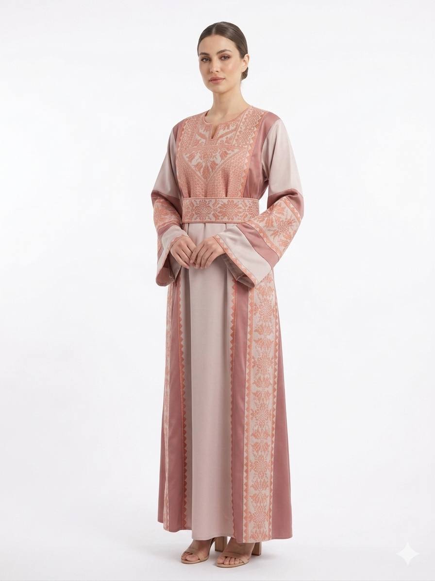 ثوب أنوثة مطرّز بلون الوردي الترابي