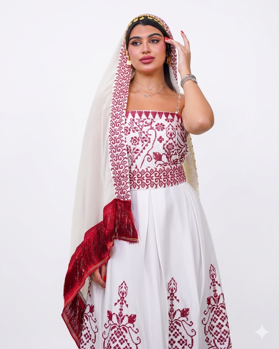 Arjuwan Heritage Dress - White & Royal Burgundy Embroidery - Free Size