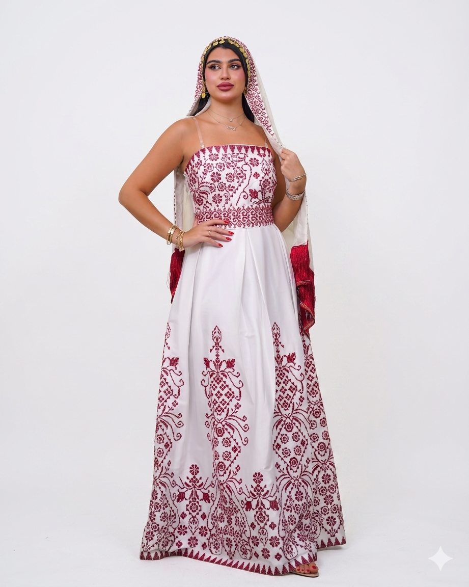 Arjuwan Heritage Dress - White & Royal Burgundy Embroidery - Free Size