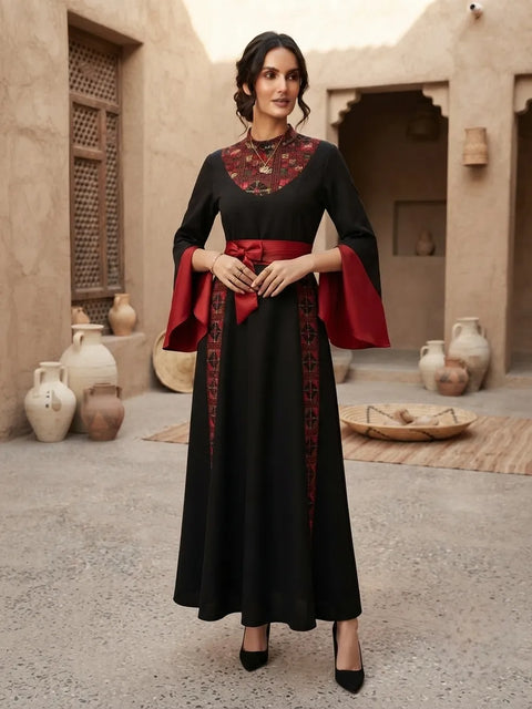 black dress red embroidery Besan Embroidered Maxi with Royal Cape Sleeves the lining is not decsaleonsale Coogi ready to hypnotize Color:Dark Chocolate