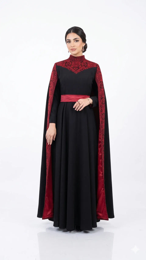 black dress with red cape Black Palestinian Embroidery Gown with Cape