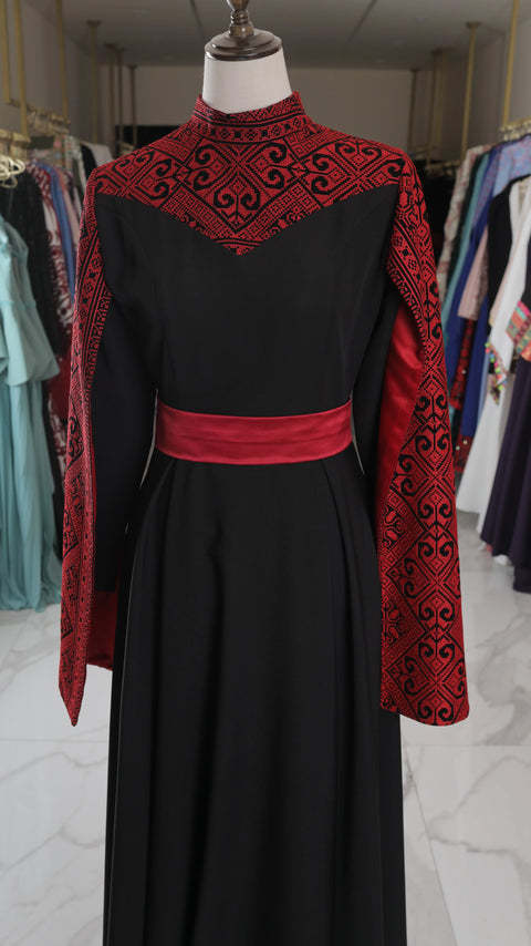 Black Palestinian Embroidery Gown with Cape