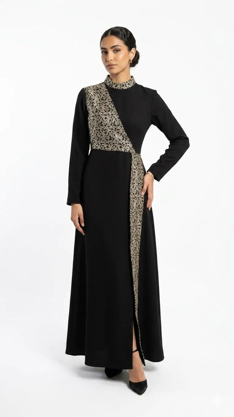 Royal Black Crepe Dress with Diagonal Gold Embroidery | A-Line Formal   Dentelle