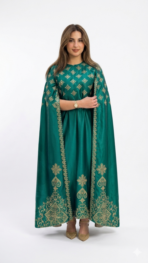 Emerald Green Satin Evening Gown with Embroidered Gold Cape – Dentelle