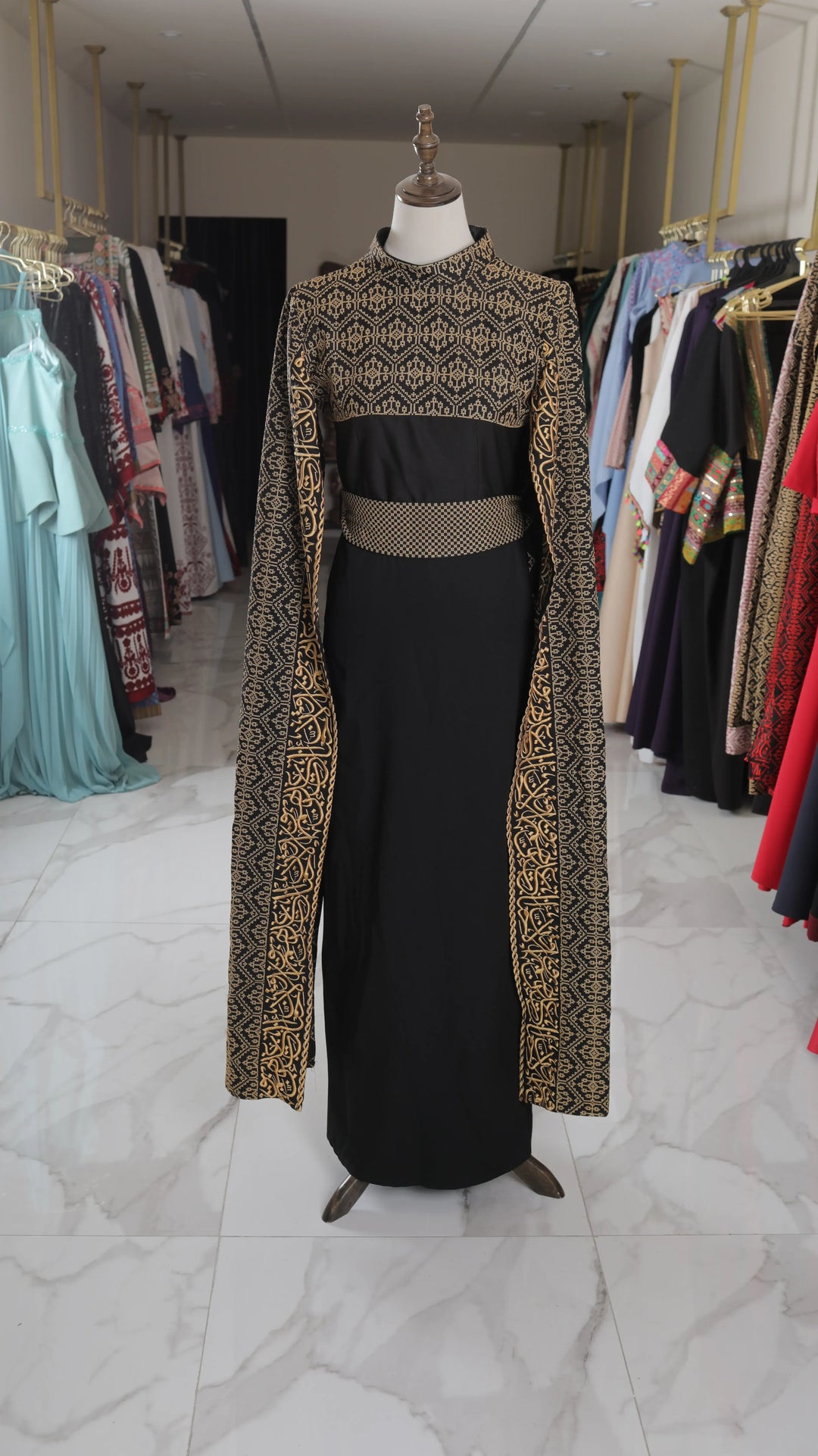 Royal Black Crepe Dress with Diagonal Gold Embroidery | A-Line Formal Dentelle Royal Black Crepe Dress with Diagonal Gold Embroidery | A-Line Formal Dentelle