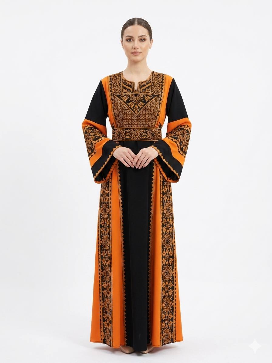 ثوب نسائي، فستان تراثي، فستان عربي تقليدي، ثوب مطرز، فستان أسود برتقالي، ملابس تقليدية نسائية، فساتين واسعة، ثياب خليجية