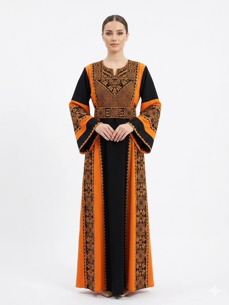 ثوب نسائي، فستان تراثي، فستان عربي تقليدي، ثوب مطرز، فستان أسود برتقالي، ملابس تقليدية نسائية، فساتين واسعة، ثياب خليجية