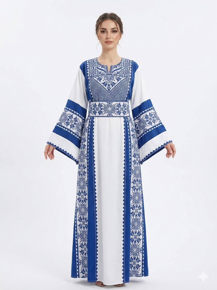 ثوب نسائي تراثي أبيض وأزرق مطرز بأكمام واسعة وتصميم أنيق مستوحى من التراث