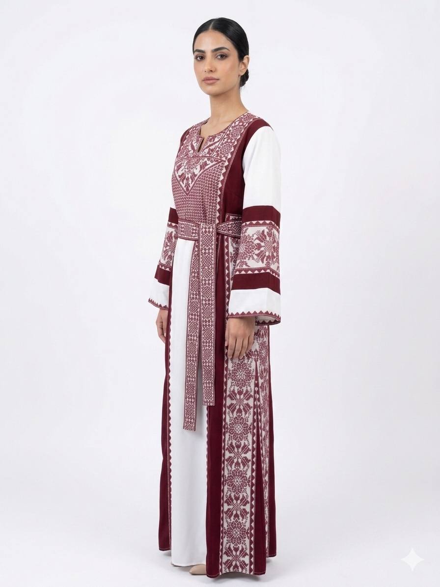 ثوب نسائي تراثي أبيض وعنابي مطرز بحزام وأكمام واسعة