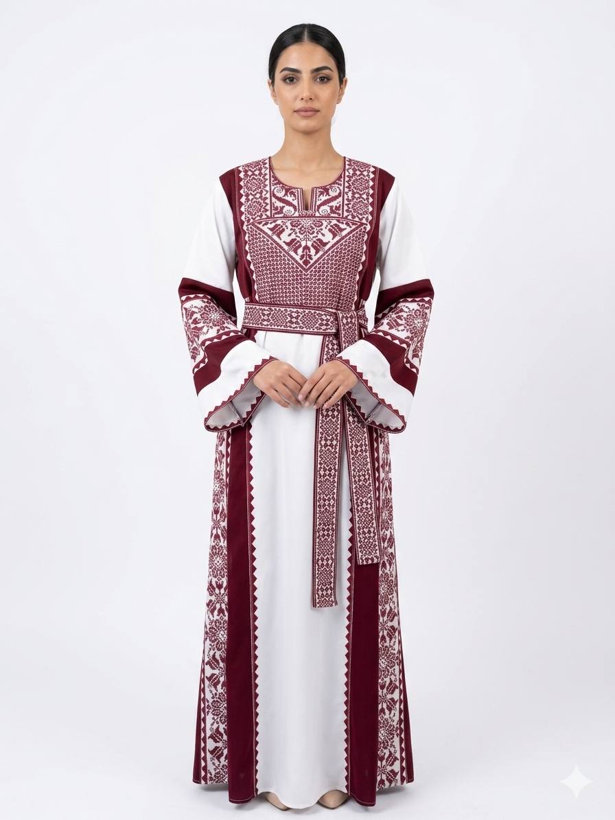 ثوب نسائي تراثي أبيض وعنابي مطرز بحزام وأكمام واسعة