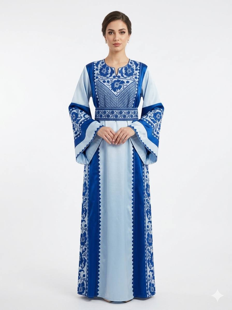 ثوب نسائي مطرز باللون الأزرق الفاتح بتصميم طويل محتشم وأكمام واسعة