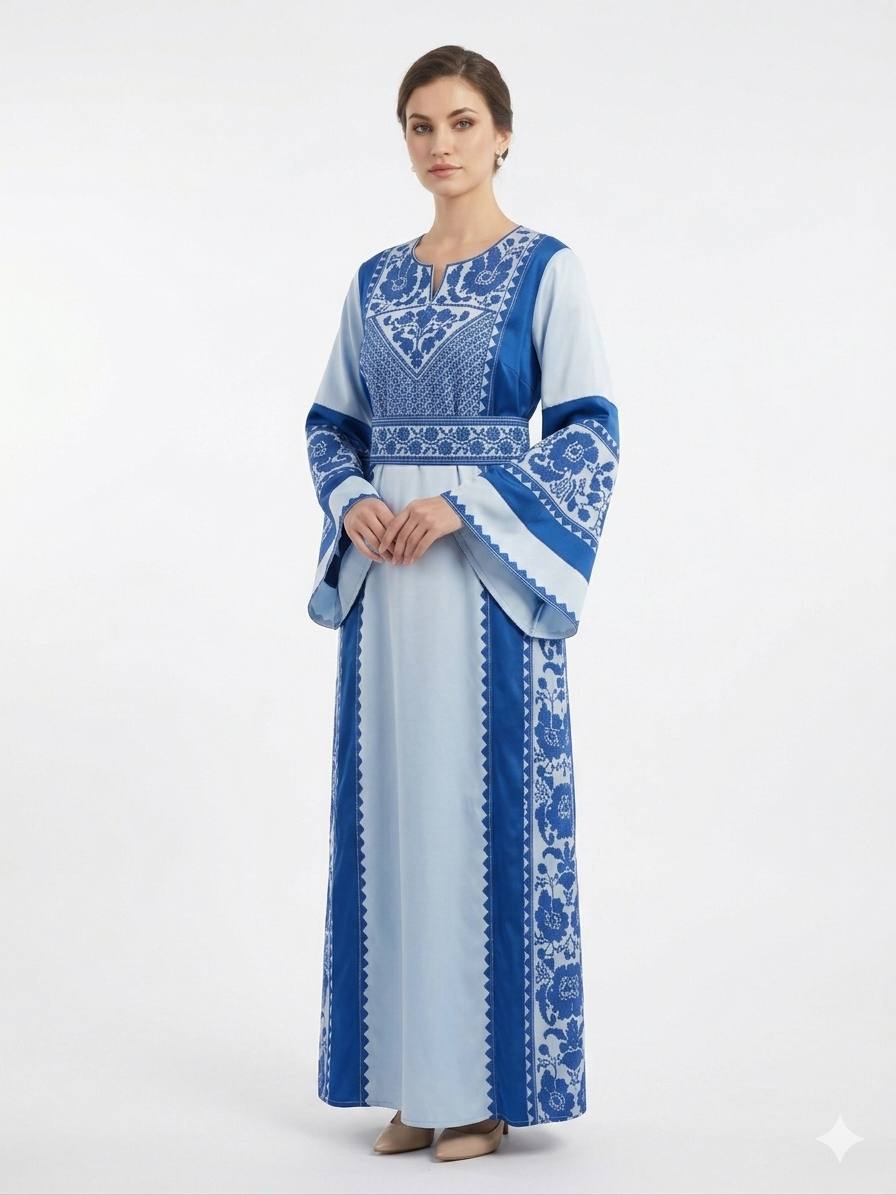 ثوب نسائي مطرز باللون الأزرق الفاتح بتصميم طويل محتشم وأكمام واسعة
