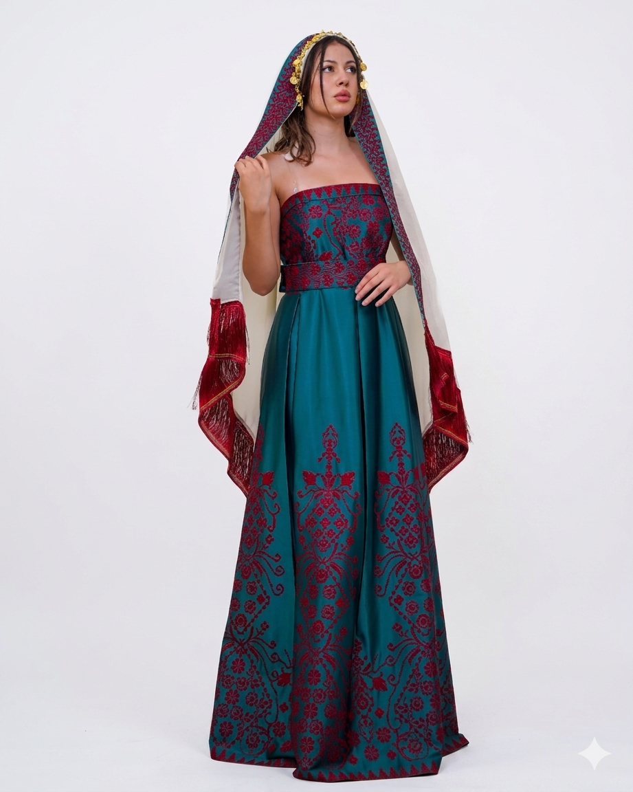 Teal blue heritage evening dress with burgundy embroidery and gold coin embellished shawl, free size.