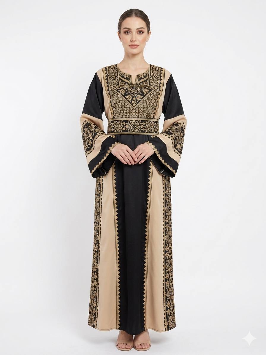 ثوب نسائي مطرز فاخر باللون الأسود والبيج بتصميم طويل محتشم وأكمام واسعة