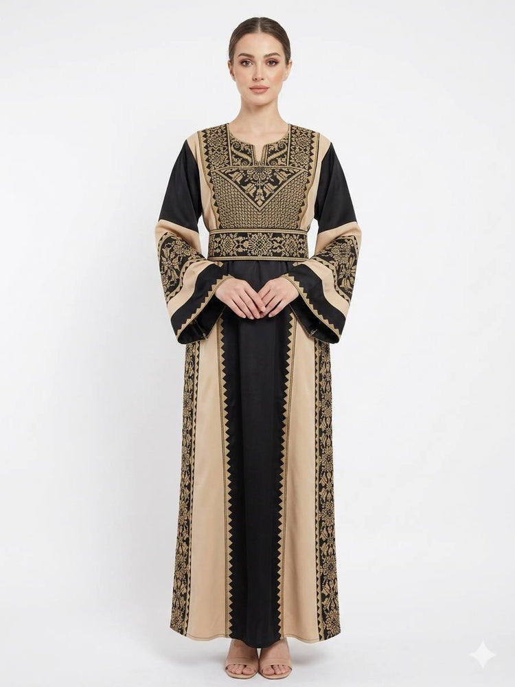ثوب نسائي مطرز فاخر باللون الأسود والبيج بتصميم طويل محتشم وأكمام واسعة
