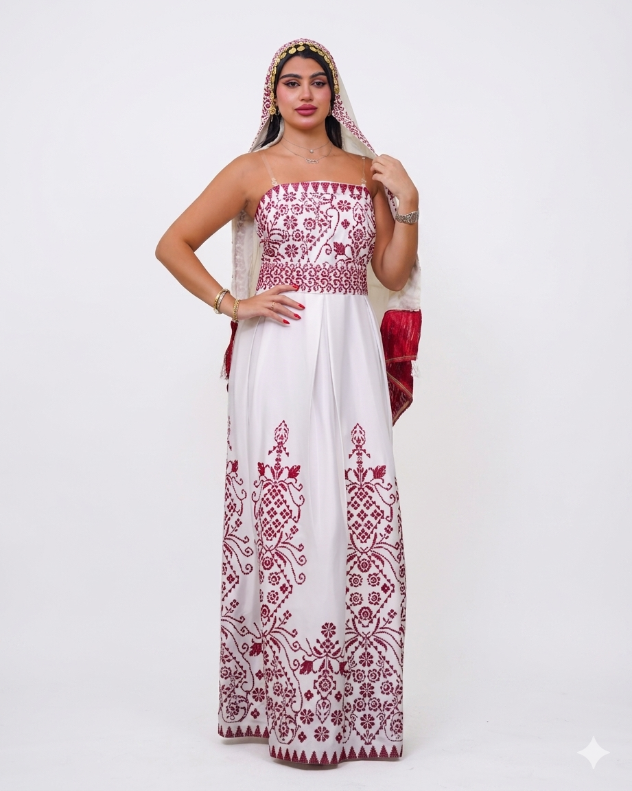 Arjuwan Heritage Dress - White & Royal Burgundy Embroidery - Free Size