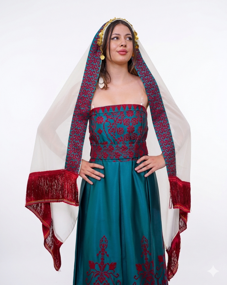 Teal blue heritage evening dress with burgundy embroidery and gold coin embellished shawl, free size.