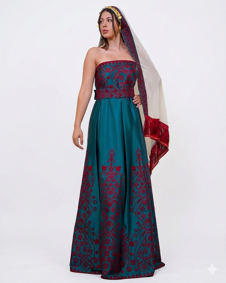 Teal blue heritage evening dress with burgundy embroidery and gold coin embellished shawl, free size.
