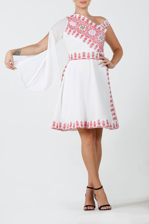 Wide One Shoulder Short Embroidery Dress فستان تطريز كتف عريض
