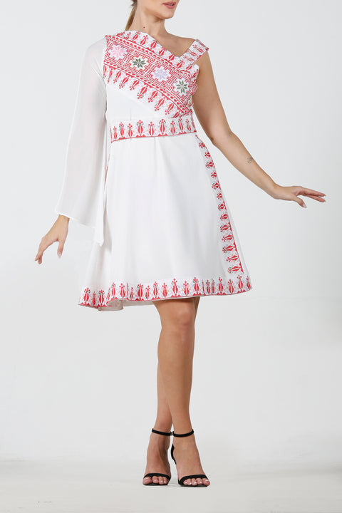 Wide One Shoulder Short Embroidery Dress فستان تطريز كتف عريض