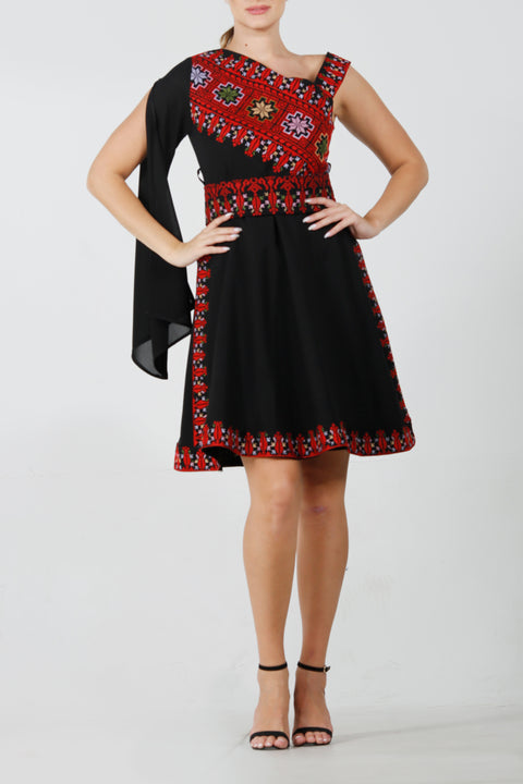 Wide One Shoulder Short Embroidery Dress فستان تطريز كتف عريض