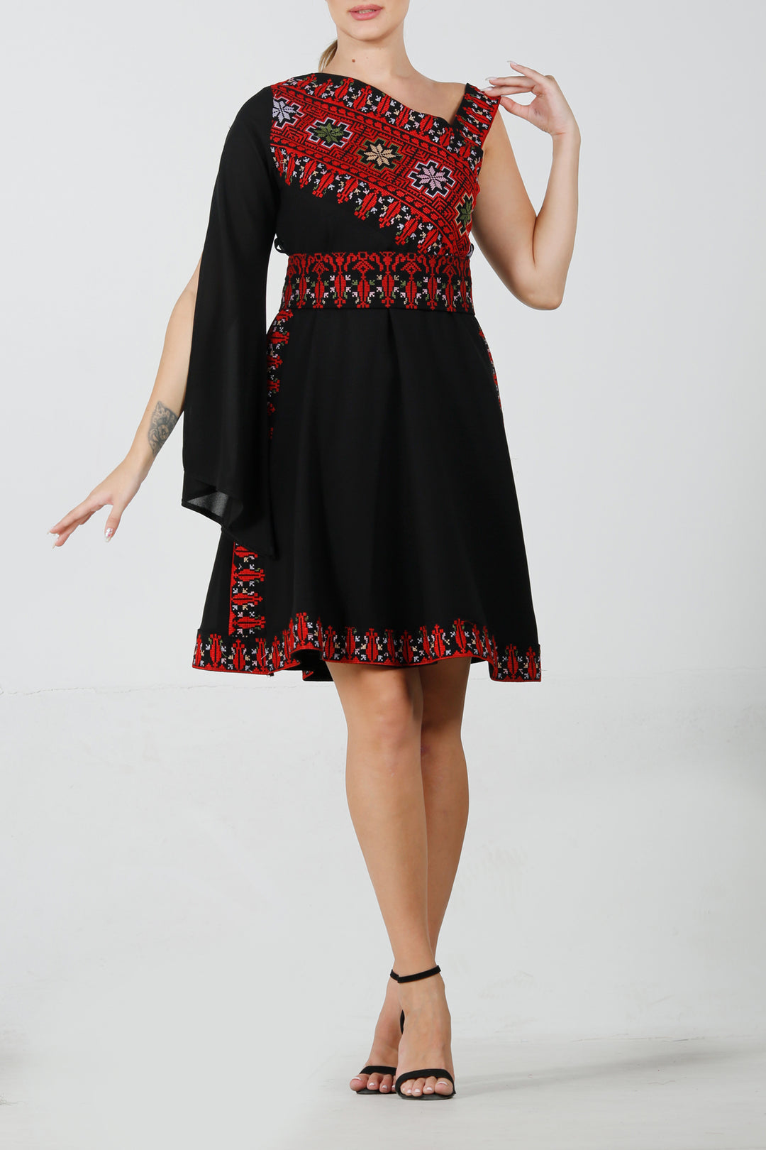 Wide One Shoulder Short Embroidery Dress فستان تطريز كتف عريض