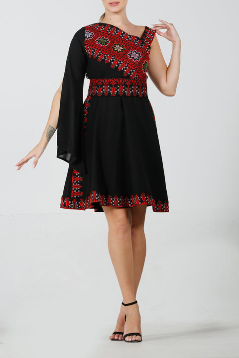 Wide One Shoulder Short Embroidery Dress فستان تطريز كتف عريض