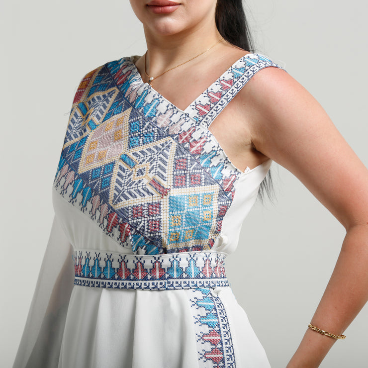 Colored Embroidery Off Shoulder Dress فستان تطريز اوف شولدر ملون