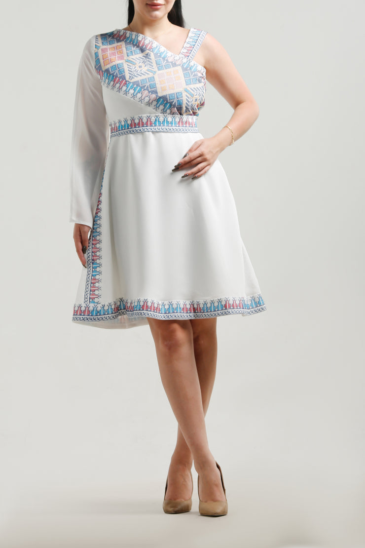 One Shoulder Short Embroidery Dress فستان تطريز كتف