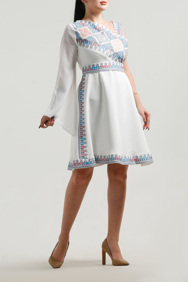 One Shoulder Short Embroidery Dress فستان تطريز كتف