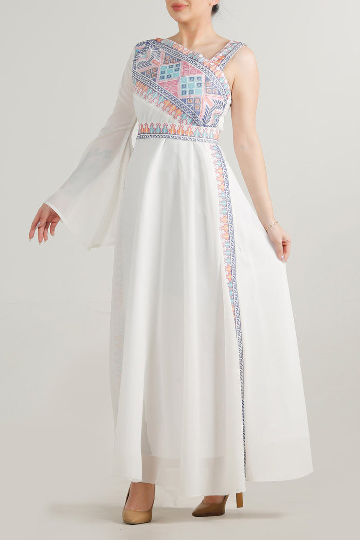 Colored Embroidery Off Shoulder Dress فستان تطريز اوف شولدر ملون