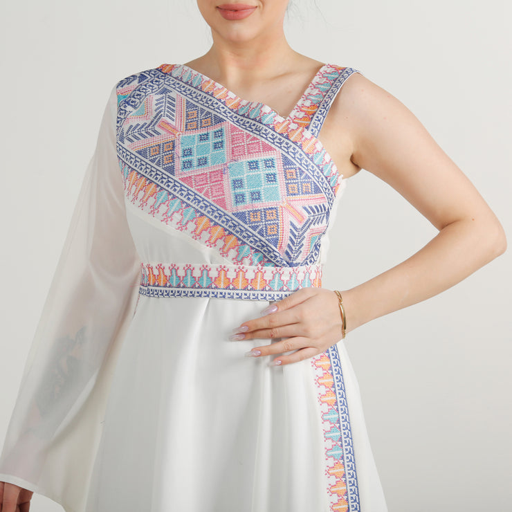 Colored Embroidery Off Shoulder Dress فستان تطريز اوف شولدر ملون